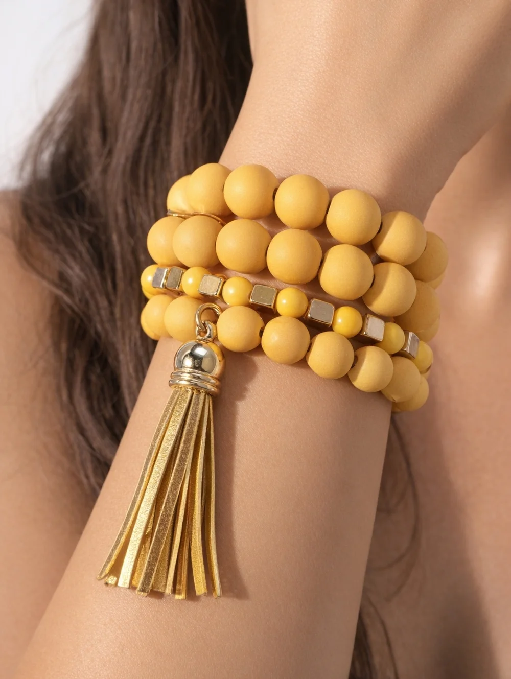Set of 4 Yellow Beaded Tassel Colorful Bracelet– Stretchy Layered Boho Chic